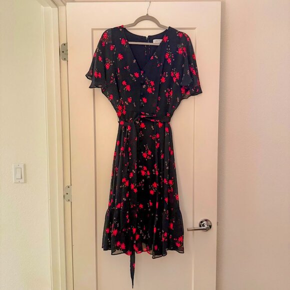 Calvin Klein Navy Floral V-Neck Chiffon Midi Dress – Size 12 - Picture 4 of 9